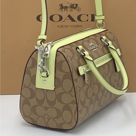 COACH  (83607) Rowan Khaki/Pale Lime Signature Medium Satchel Crossbody Handbag - Picture 5 of 16